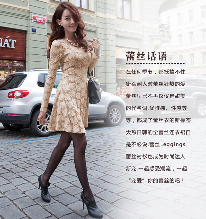 Ladies' Sexy Flower Scalloped Neck long Sleeve Women's party evening elegant Mini Lace Dress for women , Free Shipping