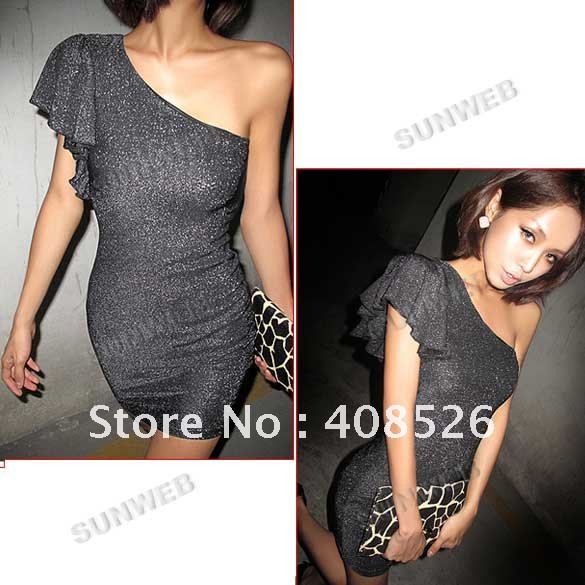 Ladies' Sexy Oblique One Shoulder Lotus Sleeve Silver Sparkling Tube Dress free shipping 2300