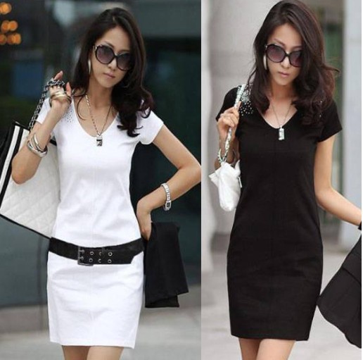 Ladies slim v-neck dress sexy short sleeve dresses S,M,L black white color (belt not included) free shipping