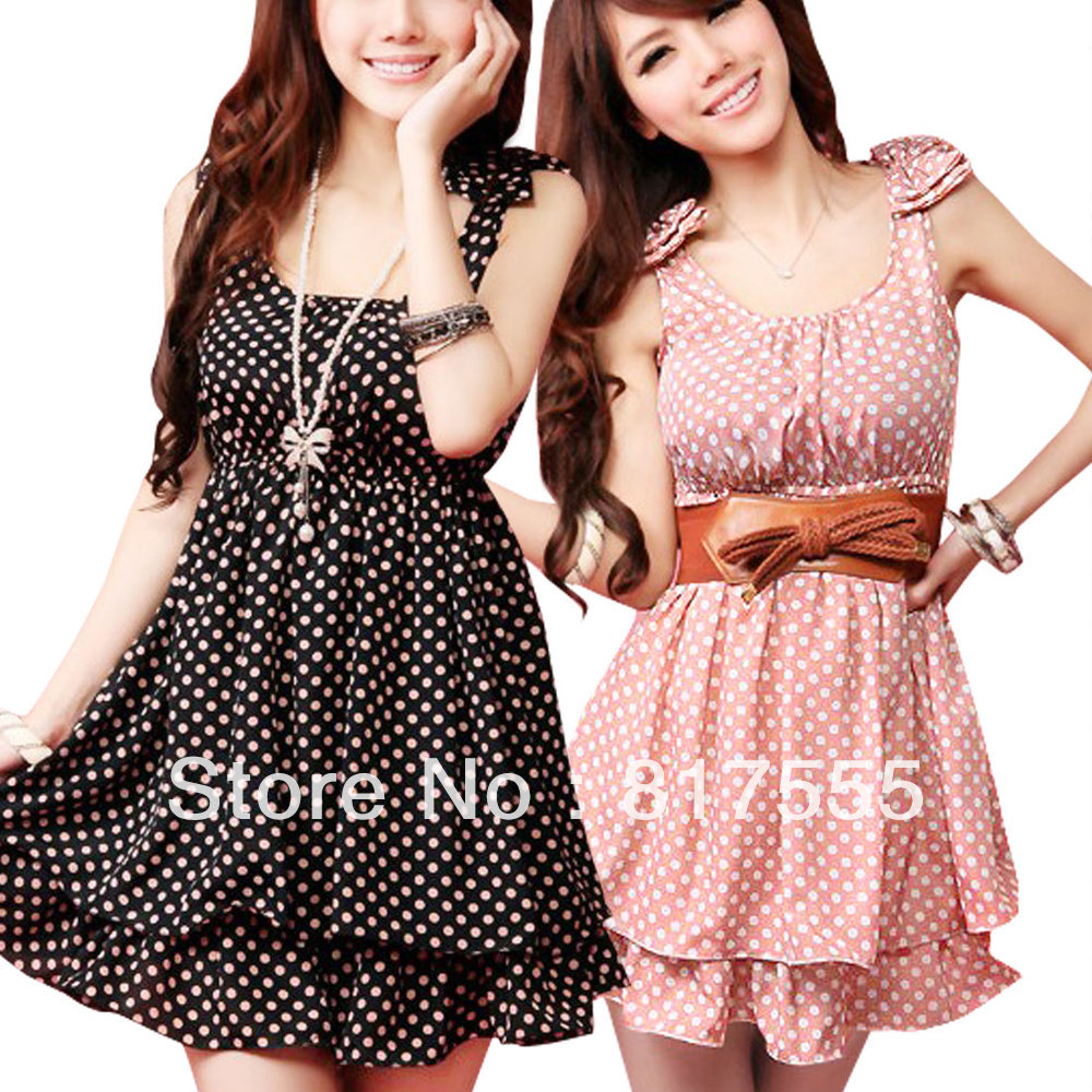 Ladies Summer Scoop Neck Sleeveless Dots Pattern Pleated Layered Dress