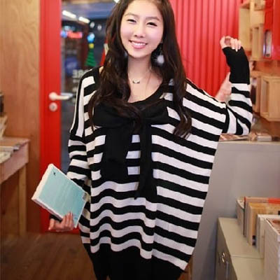 Ladies sweater outerwear autumn and winter mm plus size stripe bow o-neck pullover sweater clothes