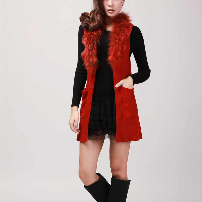 Ladies sweater outerwear female cardigan medium-long sheep wool knitted vest female fur collar autumn and winter female