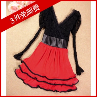 Ladies V-neck low-cut sexy lace gauze cake patchwork leather slim one-piece dress princess dress