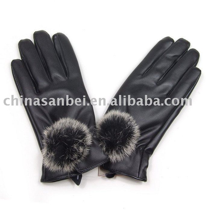 Ladies vogue pu leather glove Rabbit hair cuff cony fur