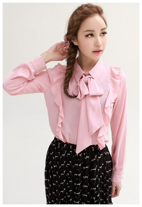 Ladies Winter Blouse Turn-down Collar Ruffles Long Sleeve Shirt Bowknot Belt Black Pink White S M L SL12120704