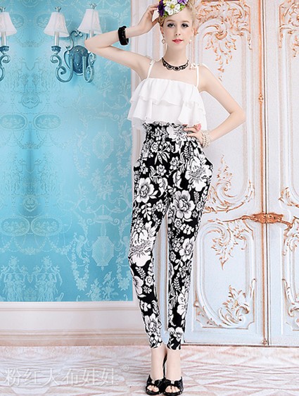 Lady Black and white flowers with white ruffled condole belt jumpsuits 3063 1PCS/lot Free Shipping