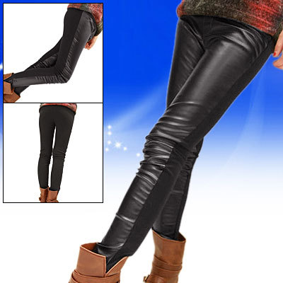 Lady Black Elastic Waist Faux Leather Polyester Skinny Pants Leggings