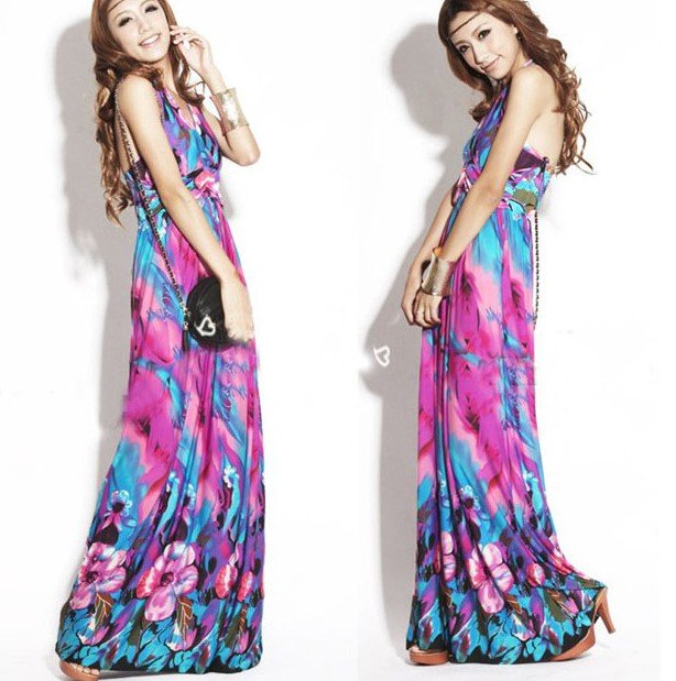 Lady Bohemian Elegant Beach Maxi Floral Flower Purple Halter Dress CQ0033 One Size wholesale & retail