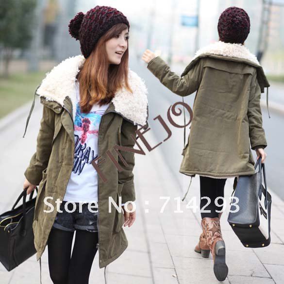 Lady Fashion Fur Collar Lambs Flocking Thick Cotton-padded Clothes Coat Outerwear free shipping 3471