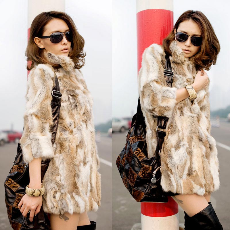 Lady fashion Genuine rabbit Fur coat with three-quarters sleeve