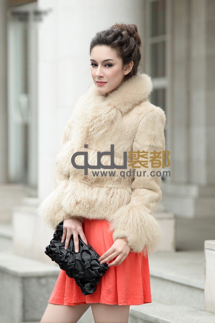 Lady Fashion Genuine Rabbit Fur & Lamp Fur Jacket with Fox Fur Collar Lamb Fur Trim/Free Shipping/OEM/Female QD21755   A G