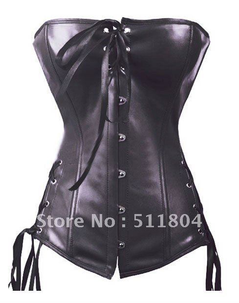 Lady Fashion Gothic Leather Corset+G-string, Black/Red Overbust Body Lift Shaper, Ribbon Sexy Lingerie, Free Shipping a8251