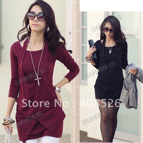 Lady Fashion Women's Crew Neck Cotton ladies OL Casual Mini Long Sleeve Dress Long Tops 3348