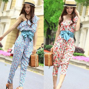 Lady Flouncing Sloping Shoulder Flower printed Jumpsuit Dress Women skinny Romper Trousers ja181