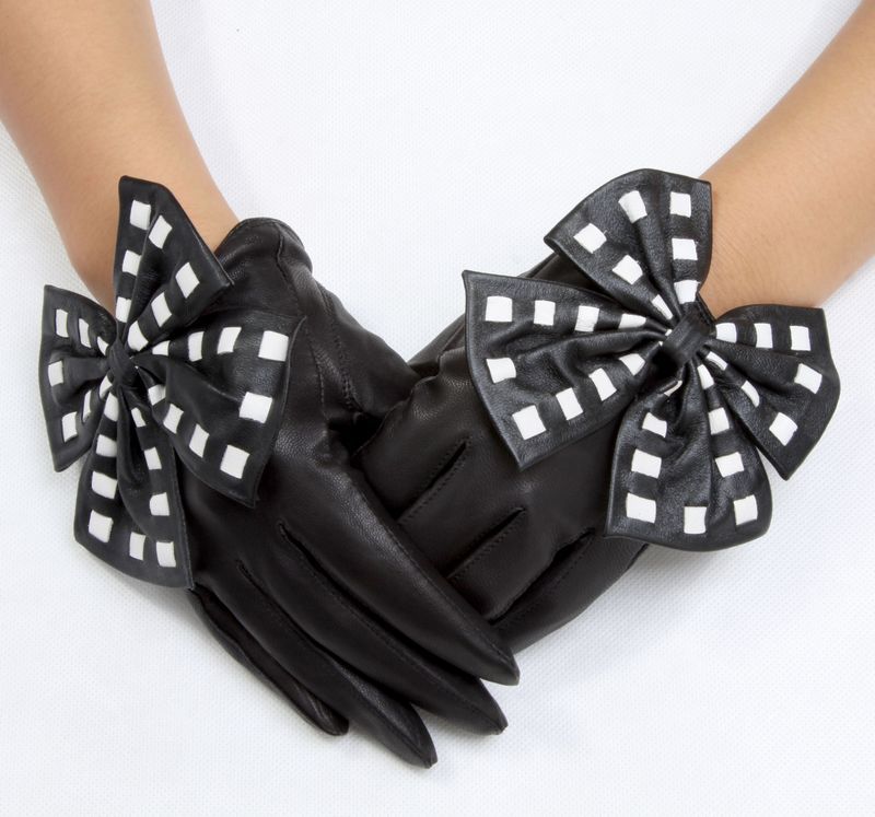 Lady , gaga thong big bow genuine leather gloves female thin sheepskin gloves short design