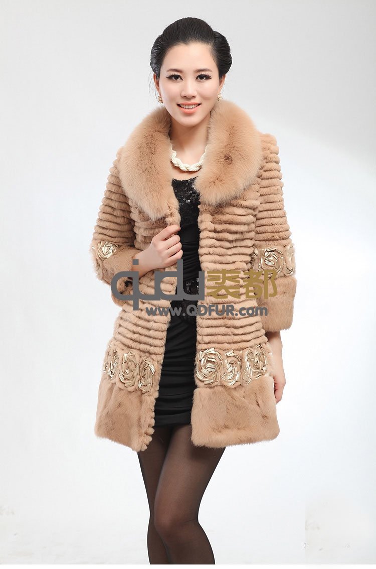 Lady Genuine Rabbit Fur Coat with fox Fur Collar outerwear Garement  QD21392    A    G