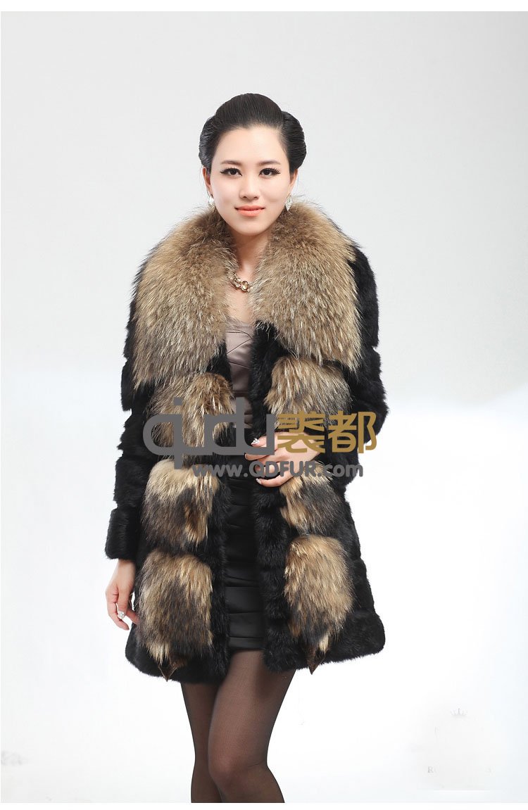 Lady Genuine  Rabbit Fur Coat with  raccoon dog Fur  charm garment outerwear  QD21391  A  G