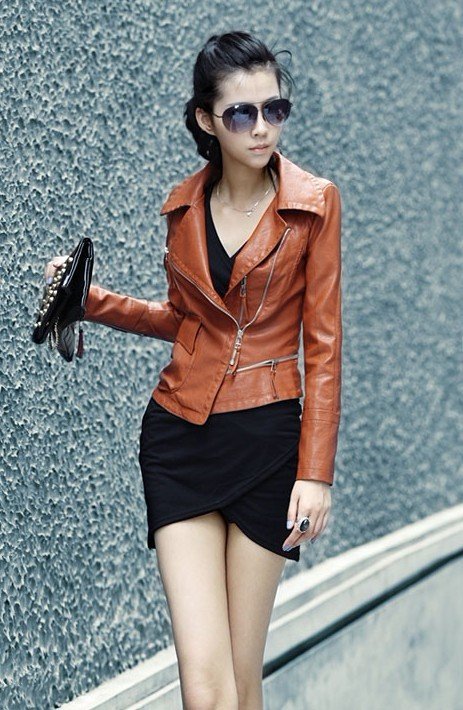 Lady Jacket Women's Motorcycle Collar Button Leather Jacket Outerwear Short Jacket --Orange  1102