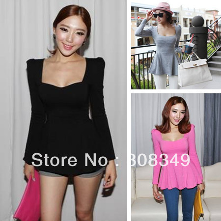 Lady Korean Style Sexy Long Sleeve Slim Thin Fit Waist Skirt Tops Blouse T-shirt Free Shipping New