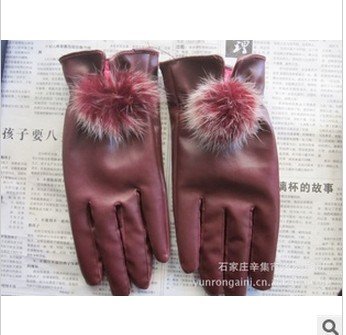 Lady leather rabbit hair ball gloves multicolor leather gloves imitation leather gloves