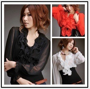 Lady Long-sleeve Ruffle Blouse,factory price promotion made in China blouse,hot sale fashion lady shirts free shipping 1pcs/lot