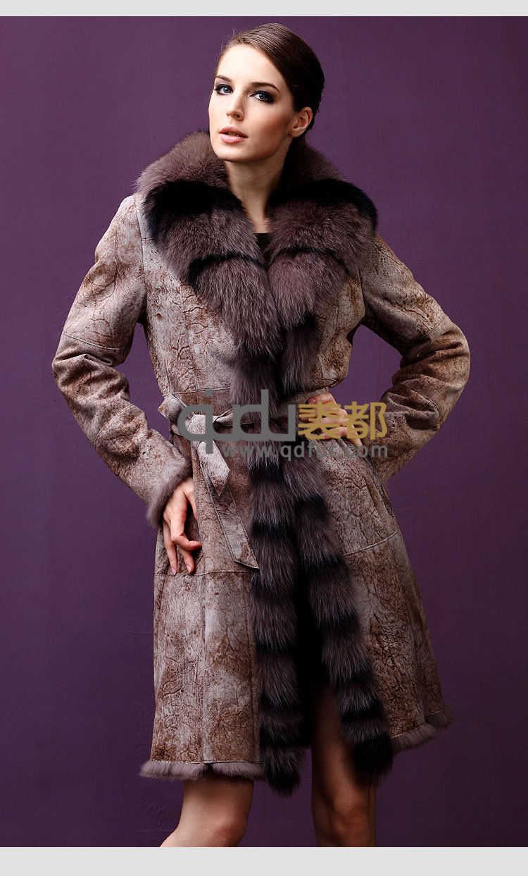 Lady Long Style Genuine Whole Plate Rabbit Leather Coat With Fox Fur Trim/Free Shipping/Retail/wholesale QD5077 A G G