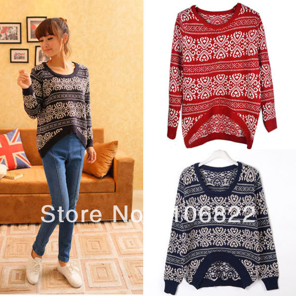 Lady Nordic Snowflake Sweater Round Neck Black Longer Irregular Knit Pullover HR443