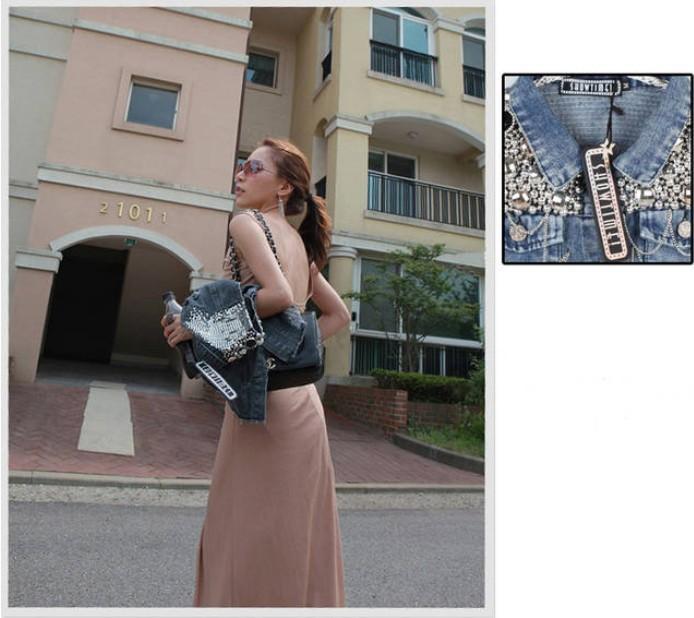 Lady's Bling Sequin Bead Chain Denim Vest, Popular Sleeveless Jacket Outerwear