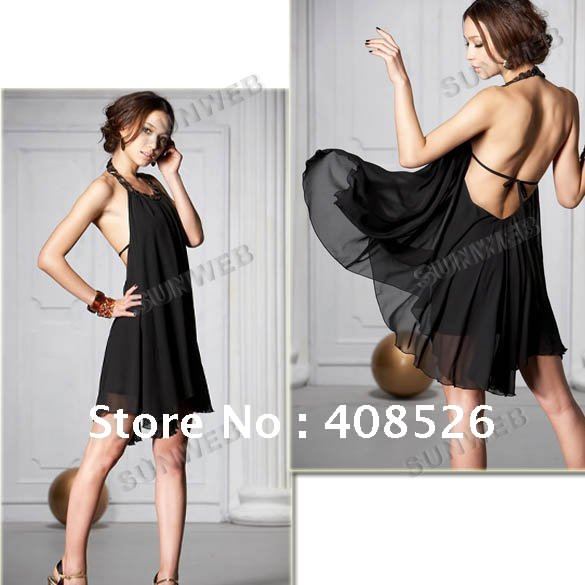 lady's Fashion Backless Jewel Halter Mini Chiffon Dress Black free shipping 2000