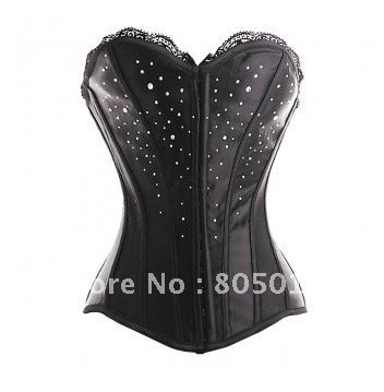 Lady's Sexy Boned Lace Corset Bustier Costume Under Bust Lingerie + G-string Black