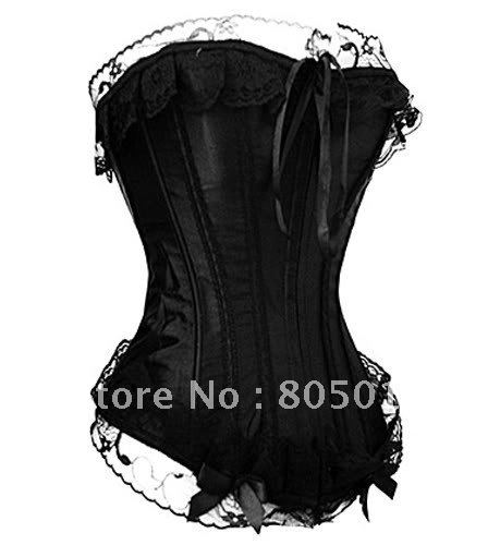 Lady's Sexy Boned Lace Corset Bustier Costume Under Bust Lingerie In Satin + G-string Black