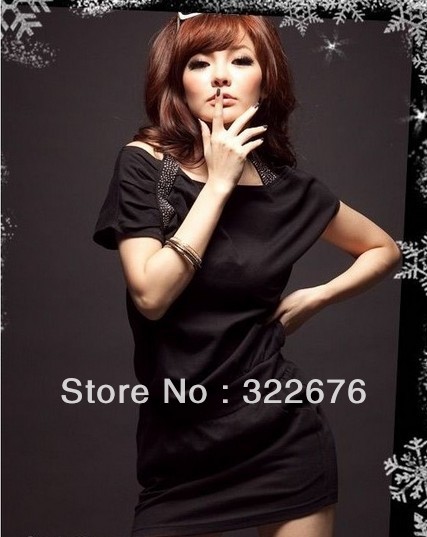 Lady's Stylish Sexy  All Match Rhinestone Shoulder Straps Short Sleeve Slim Dress Black MZ12052803