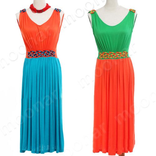 Lady Sleeveless Slim waist Color Block Long Casual Pleated Dresses Summer Beach Dresses E0744