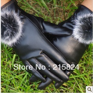 Lady winter lovely rabbit feather ball five fingers warm pu simulation leather gloves wholesale price a pair of $4.5