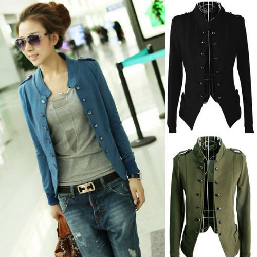 Lady Women Jacket Epaulet Long Sleeve Stand-up Collar Double Breasted Coat 3735