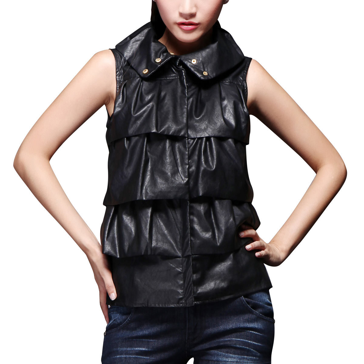 Ladylead leather clothing female short design slim women's vest PU clothing vest