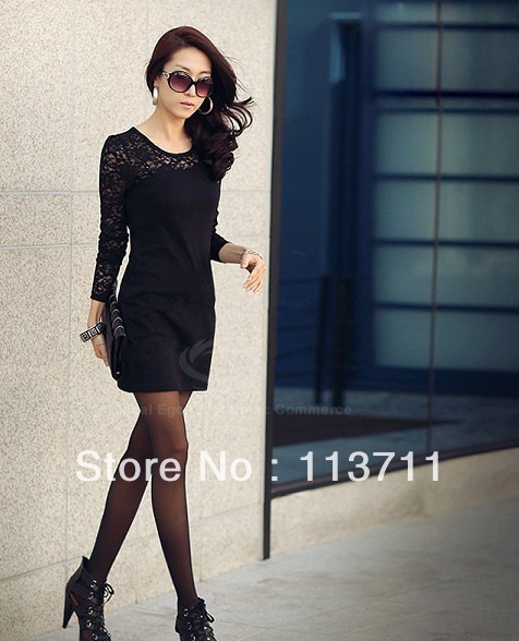 Ladylike Scoop Neck Lace Splicing Skinny Long Sleeves Elegant Cotton Blend Dress For Women