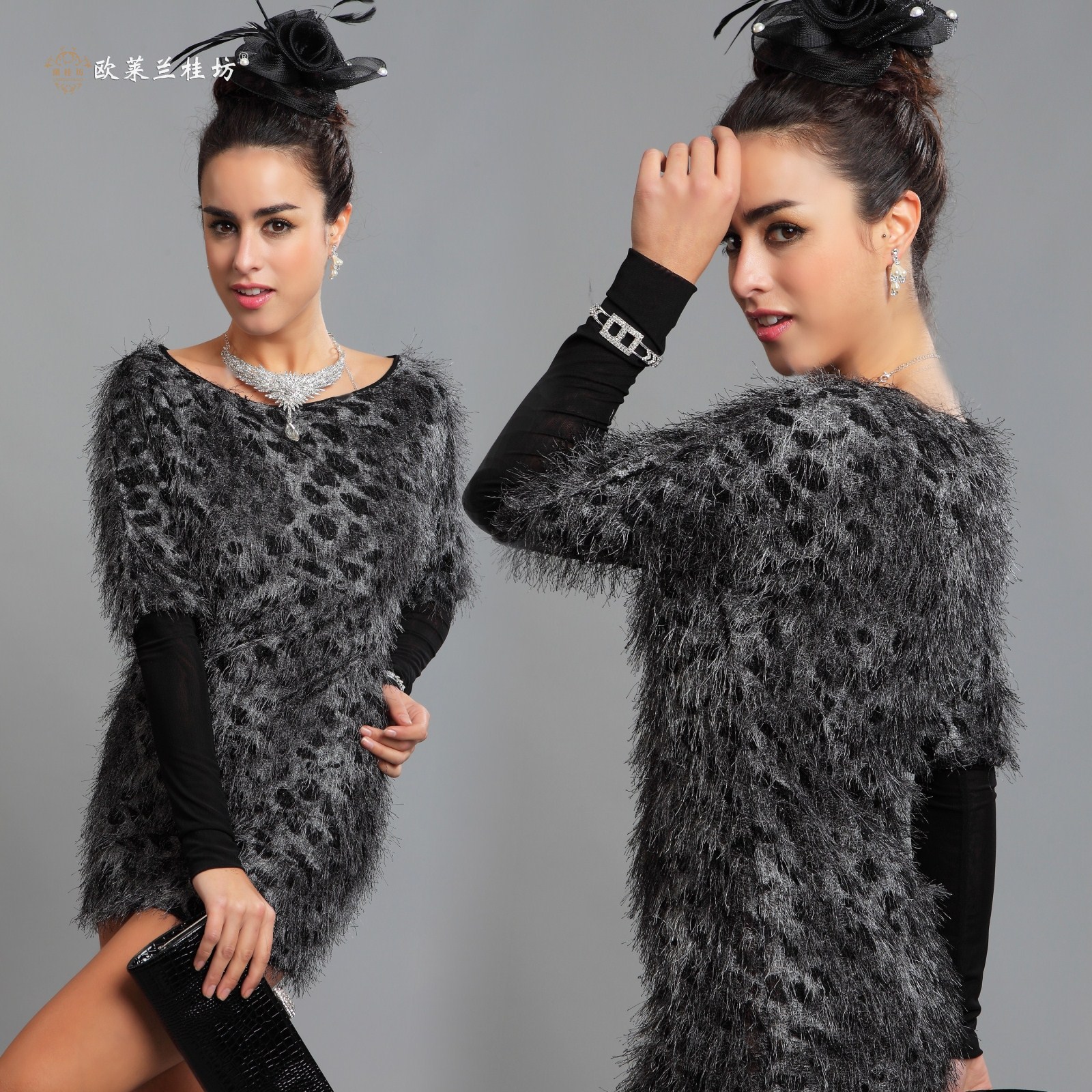 Lan kwai fong fur grey black long-sleeve slim package hip sleeve unique winter leopard print fur 2338