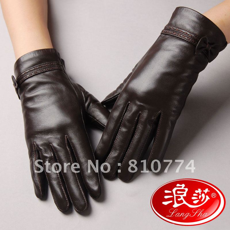 LANGSHA thermal leather gloves women's winter fashion sheepskin genuine leather gloves bow plus velvet 9252