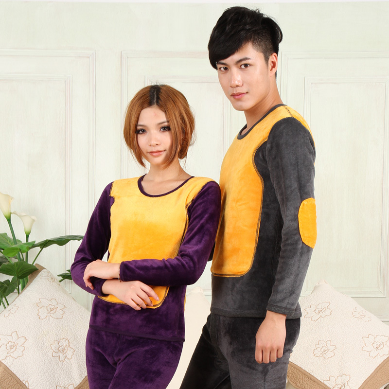 LANGSHA underwear thermal underwear thick plus velvet male female gold thermal set lovers golden flower