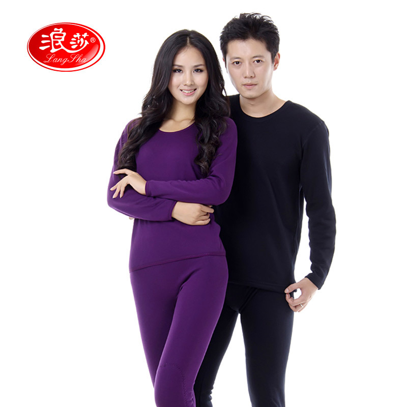 LANGSHA wool bamboo thermal underwear thickening plus velvet male women's thickening thermal clothing set