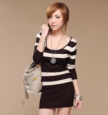 Large black and white stripe o-neck long-sleeve slim hip slim medium-long basic sweater