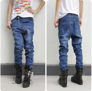 Large code sagging pants pants Korean version was thin cross diagonal zipper jeans tide female harem pants pants collaps