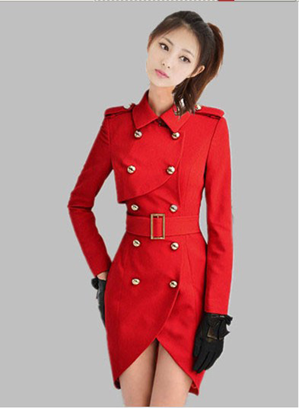 Large dolls female outerwear red double breasted slim tight long-sleeve trench