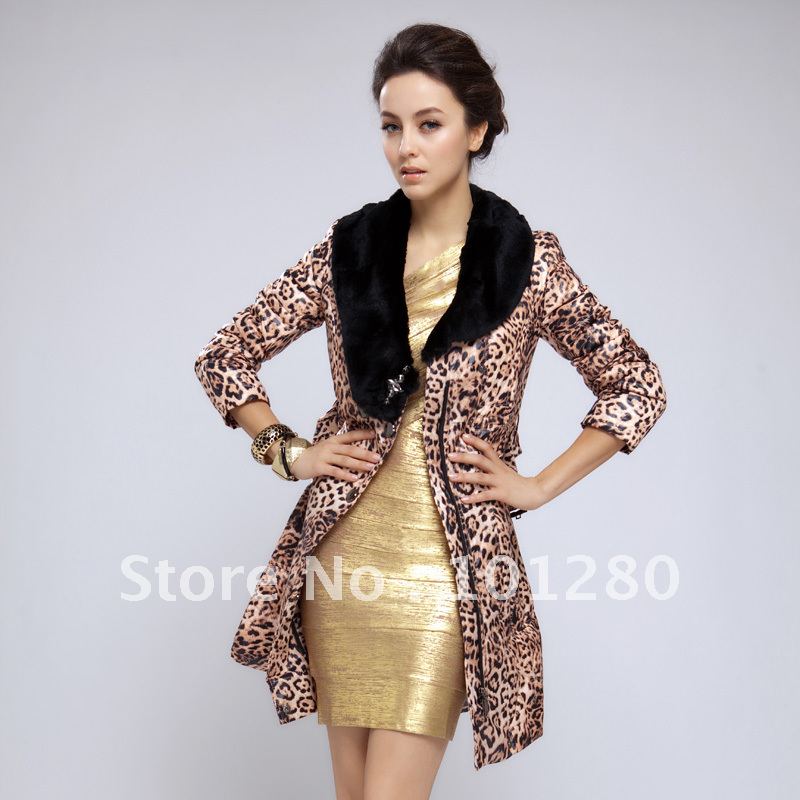 Large fur collar slim medium-long leopard print down coat female thickening y9873