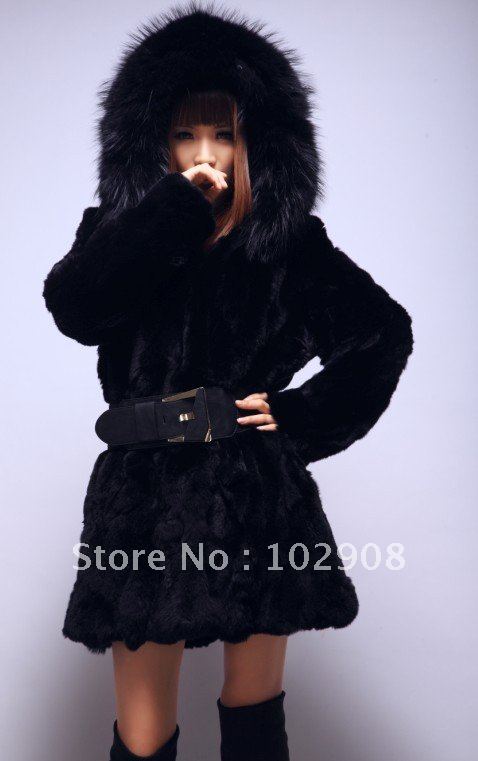 Large Hoodie New Black Long Rex Rabbit Fur Coat