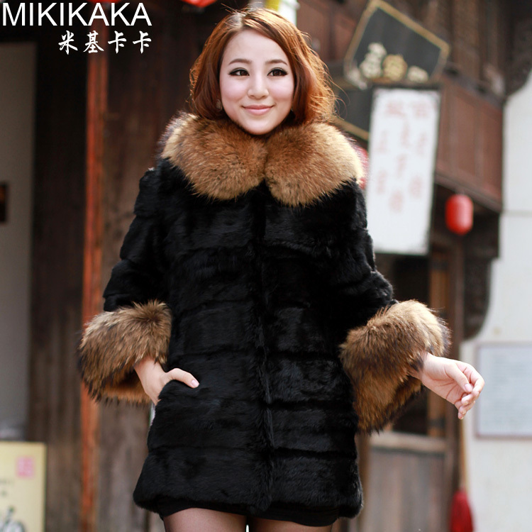 Large raccoon fur hat fur coat slim medium-long full leather rabbit fur three quarter sleeve 2012