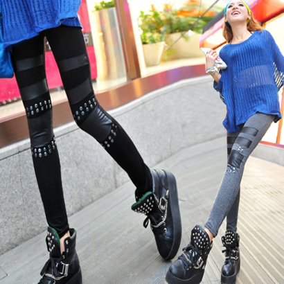 Large rivet faux leather patchwork modal cotton plus velvet thickening legging patch pants free shipping