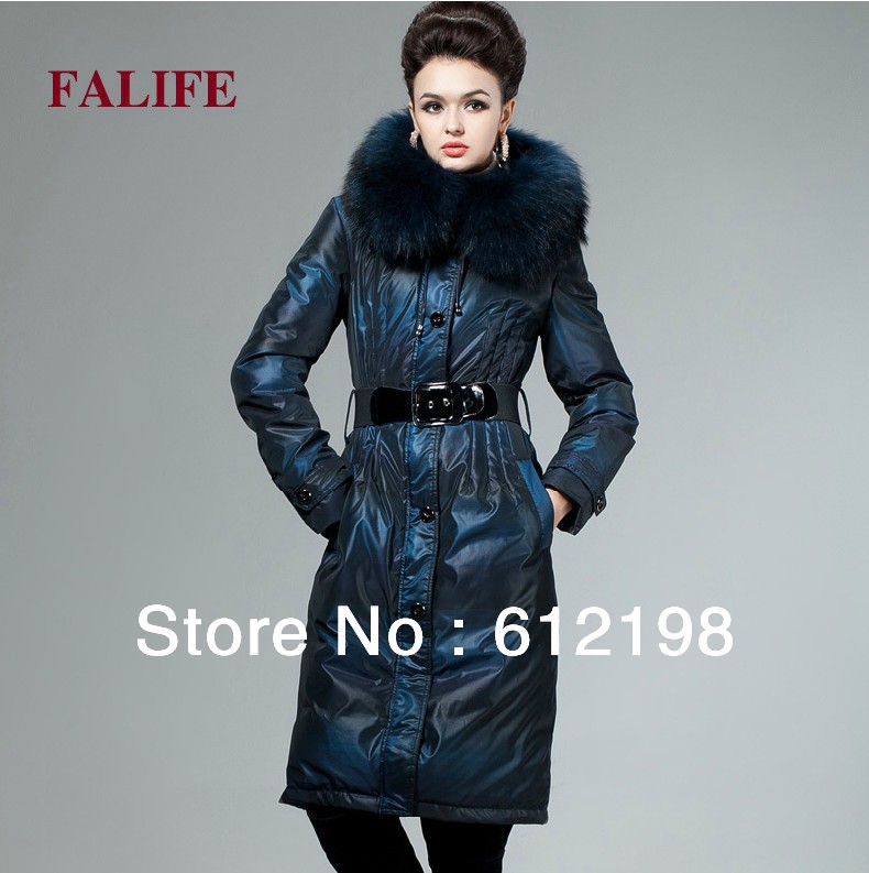 Large winter goose down coats women real fur collar hood thickening down jacket with belt LONG plus size XXXL 4XL women parka