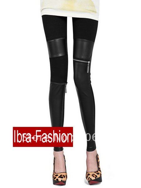 Lastest Fashion Black Cotton & PU leather joint  Woman's Zippers Punk tight Pants long Leggings pantyhose Trousers Free Shipping